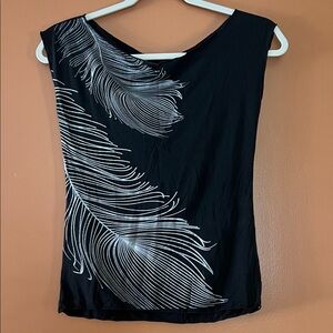 Black Feather Print Women's Top